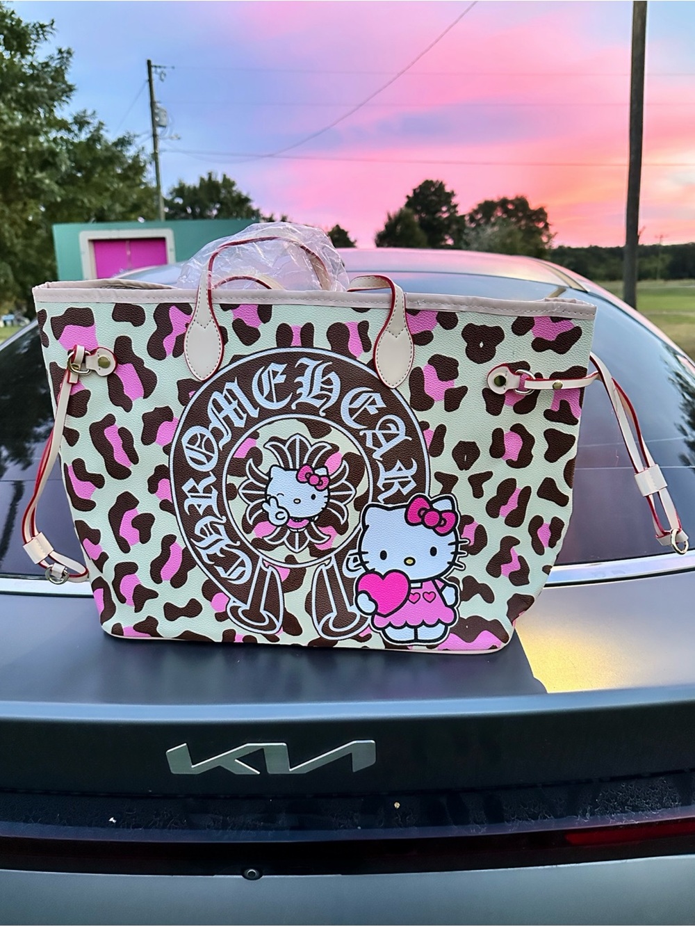Hello Kitty x Chrome Hearts Pink Leopard Print Tote Bag